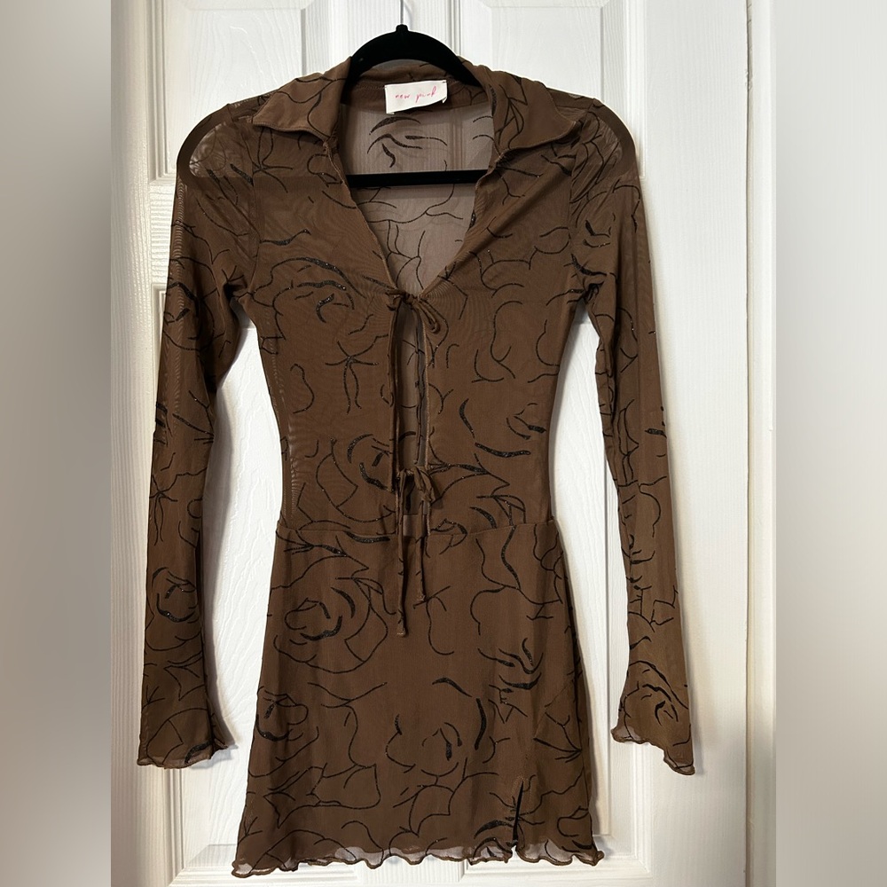 New Pink Brown Mesh Mini SheerDress Size: M